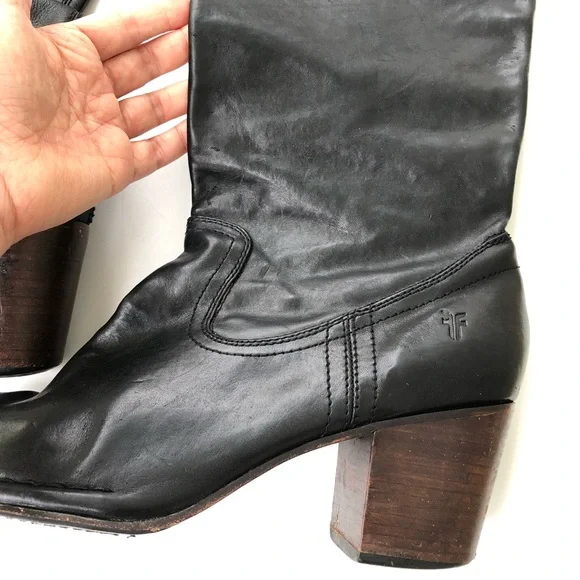 Frye Tall Boots Over the Knee Black Leather Western Block Heel Size 11 M Cowboy - Picture 9 of 16